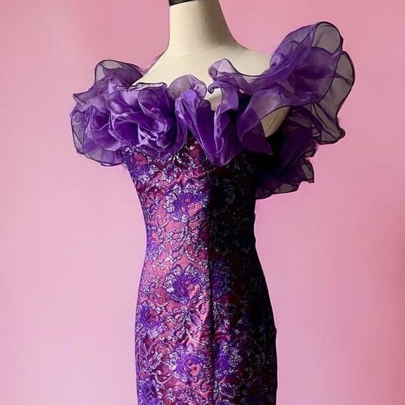 Vintage Dresses & Skirts - Vintage 80s Metallic Lace Gown | Purple Off Shoulder Ruffle Corset Dress| XS